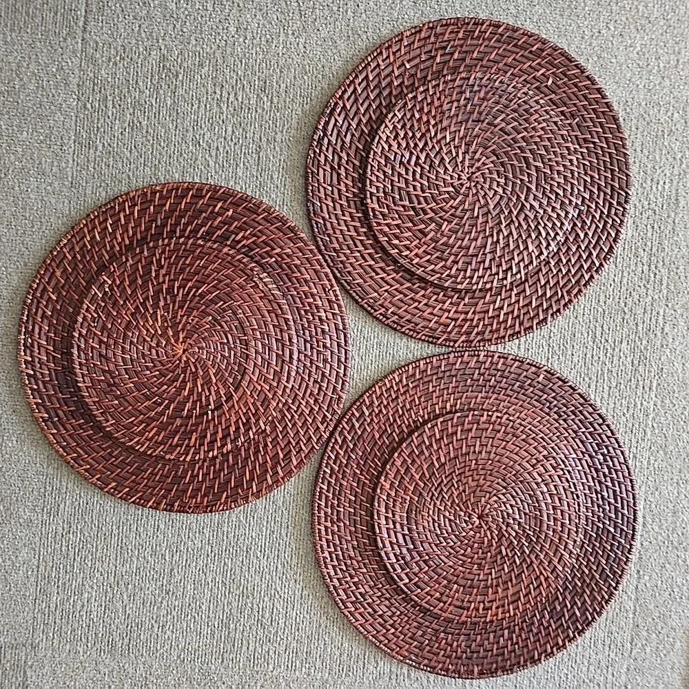 Set of 3 Woven Rattan Charger Plates Dark Brown Wicker 13 Inch Round Table Decor